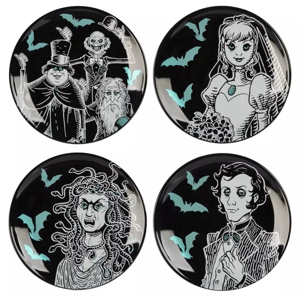 NWT, Disney Haunted Mansion Black and White Appetizer Plates, Set of Four